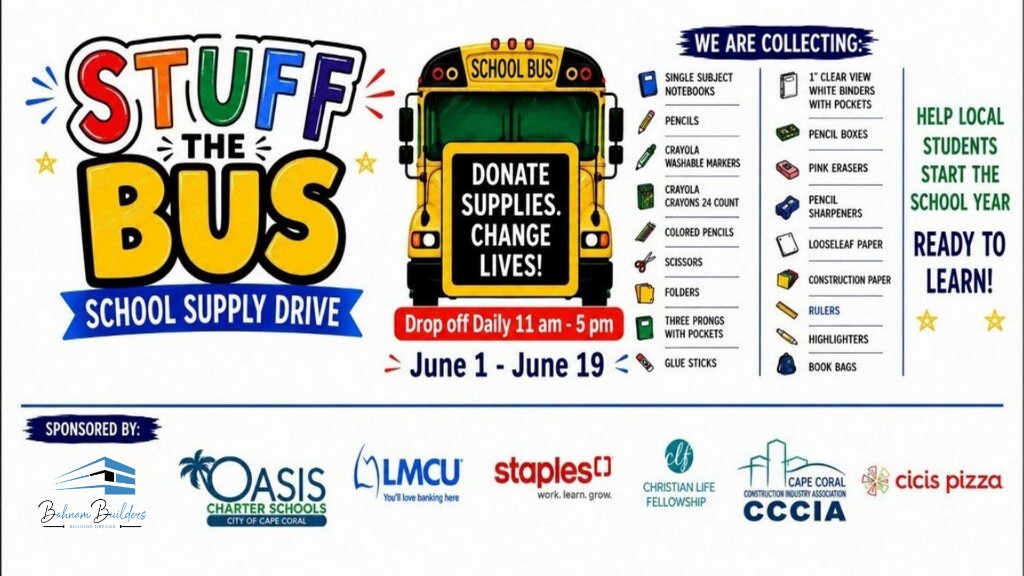 Stuff the Bus School Supply Drive — June 1–19, drop off daily 11 am–5 pm
